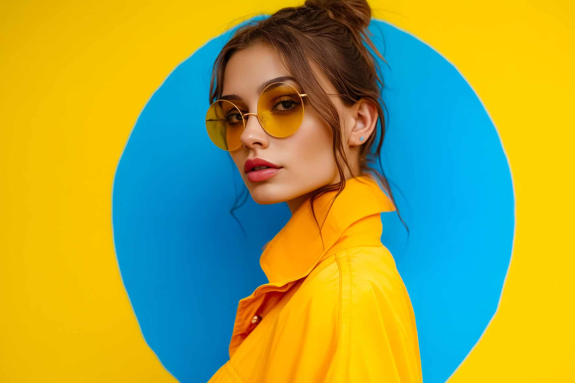 Woman wearing yellow sunglasses and yellow shirt